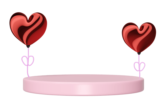 3d podium with couple heart shaped balloon isolated. Happy valentine's day concept, 3d illustration render png