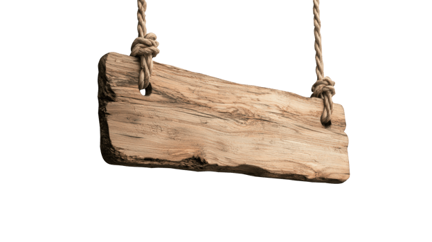 Weathered mockup wooden signboard suspended by nautical ropes, custom against transparent background ready for hanging messaging Copy space for text png