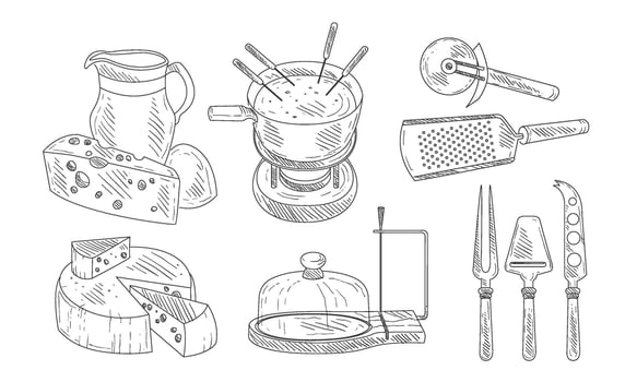 Tools for Chopping and Cutting of Cheese, Steel Knives Set, Cheese Fondue French Dish Illustration vector
