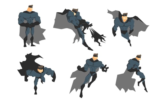Superhero in Gray Costume and Black Mask in Different Action Poses Set, Courageous Superhero Character Illustration vector
