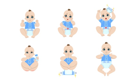 Cute Baby Daily Routine Set, Adorable Little Baby in Diaper with Different Emotions and Various Poses, Newborn Care Illustration vector