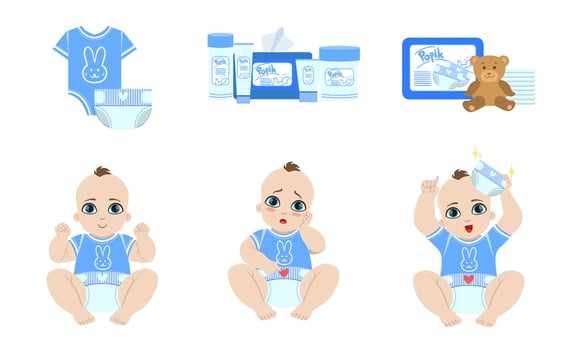 Cute Baby Daily Routine Set, Cosmetics and Clothing for Newborn Care Illustration vector