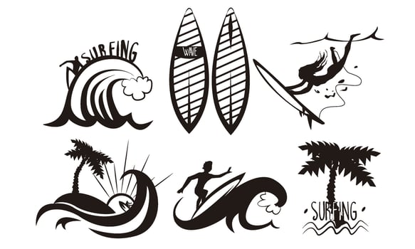 Surfers Silhouettes Set, Young Man and Woman Riding Waves with Surfboards, Summer Extreme Water Sport Elements Illustration vector
