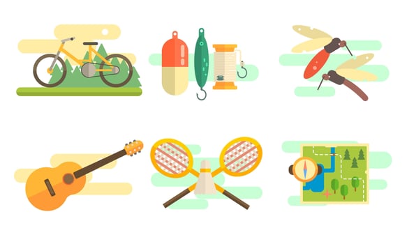 Tourist Equipment Set, Camping and Fishing Elements, Summer Outdoor Activities Illustration vector
