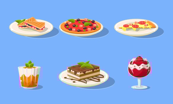 Tasty Dishes Set, Delicious Food, Pizza, Cake, Desserts, Confectionery Illustration vector