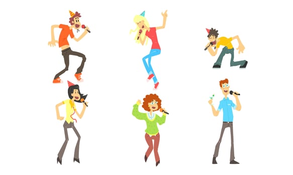 Cute Funny People Emotionally Singing with Microphone, Man and Woman Singing Karaoke at Party Illustration vector