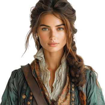 Beautiful young woman dressed in historical pirate attire showcases confidence and charm in vibrant setting isolated on transparent background png