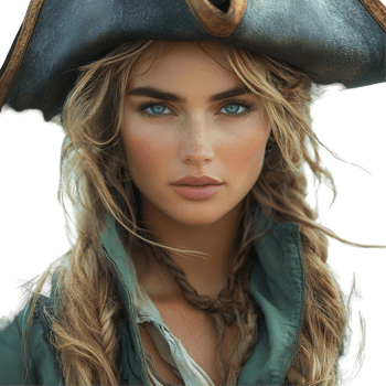 Portrait of a pirate woman wearing a tricorn hat with captivating blue eyes, highlighting a fierce and adventurous spirit in a bold expression isolated on transparent background png