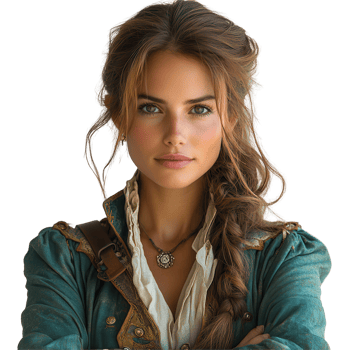 Young woman dressed as a pirate with a confident expression poses for a portrait in a historical costume isolated on transparent background png
