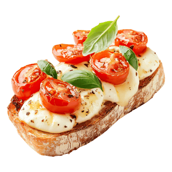 Slice of roasted grilled bread topped with fresh tomato slices, mozzarella, and basil leaves isolated on transparent background png