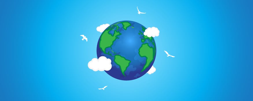 earth with clouds and birds flying around for earth day, protect earth, nature care banner background template vector