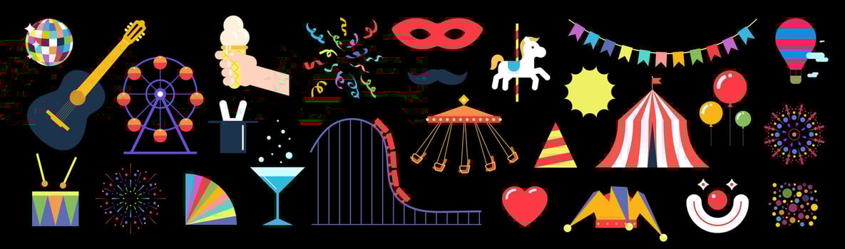 Geometric graphic isolated amusement park and holiday elements set in bold simple style. Festive symbols design collection for festival, carnival and birthday party. Circus show or funfair symbols vector