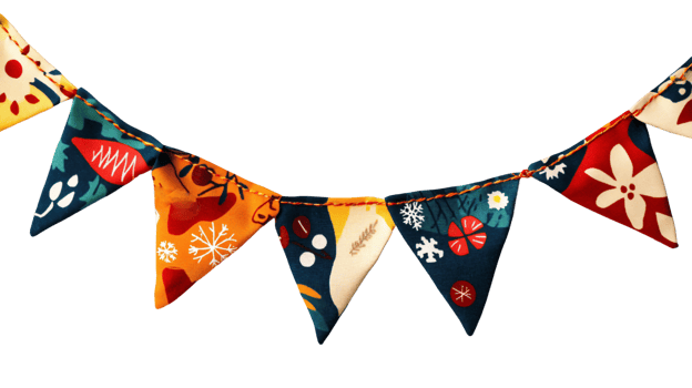 Bunting garland flag with festive Christmas patterns and colors isolated on transparent background png