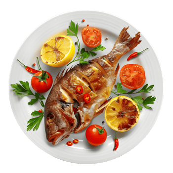Grilled fish with lemon, tomato and chili isolated on transparent background png