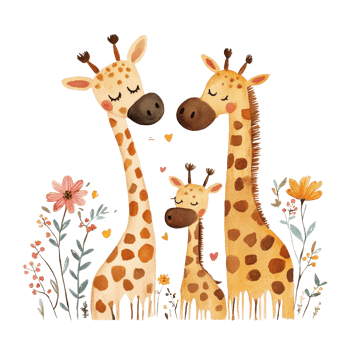 A charming illustration of a giraffe family celebrating Mothers Day with flowers and hearts, Mothers Day Giraffe Family Illustration with Flowers on transparent background png
