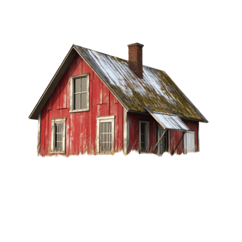 A charming small farmhouse surrounded by tall grass in an isolated landscape, small farm house, isolated transparent background png