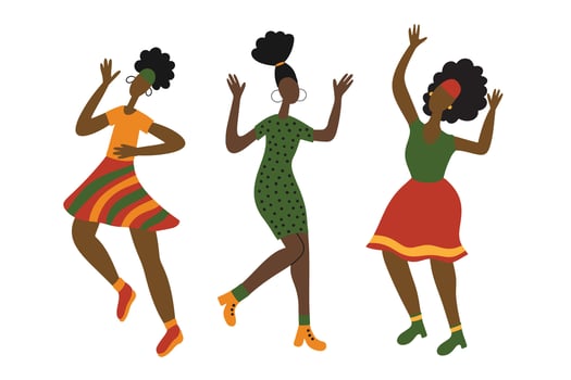 Three African American Women Dancing and Celebrating. Simple hand drawn flat illustration, limited color palette. Design elements for Black History Month, Juneteenth, Kwanzaa vector