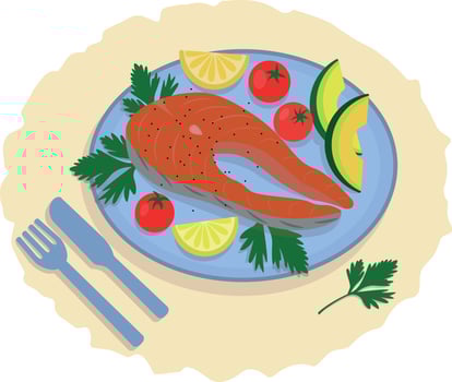 Salmon steaks on a plate. The fish is served with lemon, tomatoes, parsley, avocado, fork and knife. View from above. Healthy dishes, seafood. Slicing red fish. illustration. Food illustration. vector