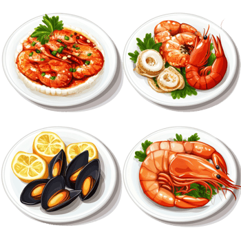 Delicious seafood plates featuring shrimp, squid, and mussels served with lemon and herbs, plates with seafood cuisine dish, shrimps, squid, mussels, isolated on transparent background png