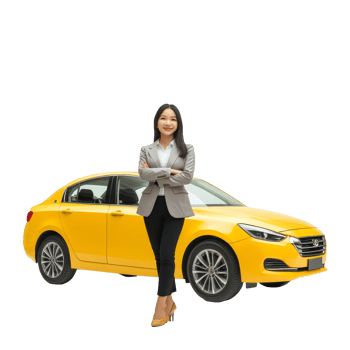 Happy young Asian businesswoman confidently poses beside a bright yellow car in a professional setting, Happy young Asian business look woman shows yellow mock up car with OK hand sign png