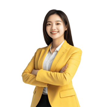 A young Asian businesswoman in a yellow blazer smiles confidently with her arms crossed in a bright setting, Happy young Asian business look woman shows yellow mock up car with OK hand sign png