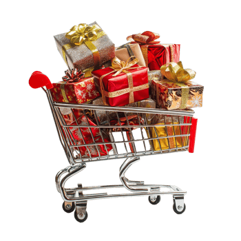 A shopping cart brimming with colorful Christmas gifts ready for the holiday season, shopping cart full of christmas gifts isolated on transparent background png