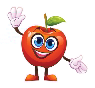 Cute red apple character waving happily. Cartoon illustration vector