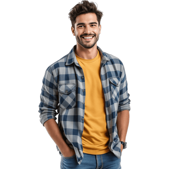 Man in Plaid Shirt with Hands in Pockets png