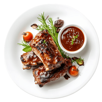 Plate of ribs with a sauce and tomatoes png