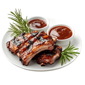 Plate of ribs with sauce and herbs on top png