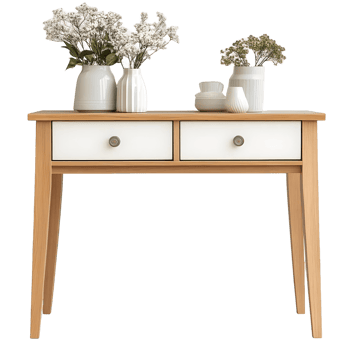 Wooden table with two drawers and a vase of flowers on top png