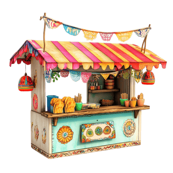 Colorful food stand with a colorful awning and a colorful sign png