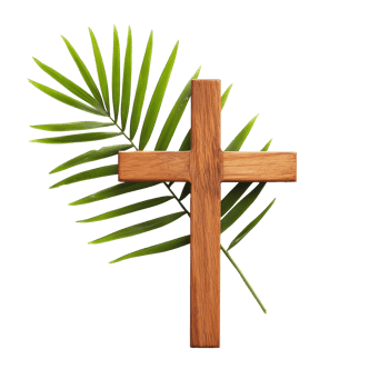 Christain wooden Cross and palm leave isolate on transparent background png