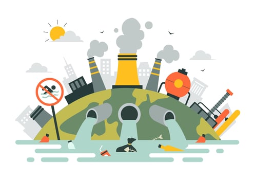 Illustration of Environmental Damage Caused by Industrial Smoke and Water Pollution vector