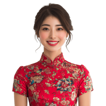 A beautiful smiling Chinese woman wearing a floral dress in a bright setting, a portrait photo of beautiful smiling chinese woman in a qipao,isolated transparent background png