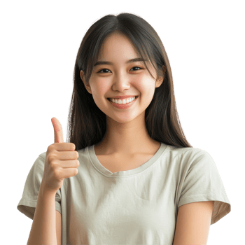 Young Asian woman expressing joy and giving a thumbsup indoors during daylight hours, Happy young Asian woman feeling happiness and gesture thumb up with transparent background png