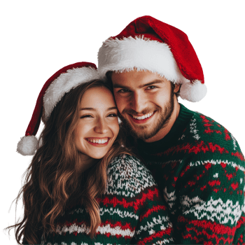 A joyful couple embraces in festive holiday sweaters and Santa hats, spreading Christmas cheer indoors, Loving Couple in Christmas Sweaters and Santa Hats On transparent background png