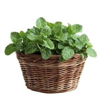 Fresh mint leaves in a woven basket on a clean transparent background showcasing vibrant greenery and natural appeal, mint in the basket on transparent background png