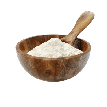 Wooden bowl of flour with scoop isolated on transparent background png