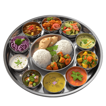 Traditional Indian thali meal with multiple dishes isolated on transparent background png