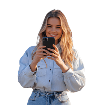 Young woman joyfully taking pictures outdoors with her smartphone during a sunny day, capturing memorable moments, Young woman taking pictures with her smartphone file no background png