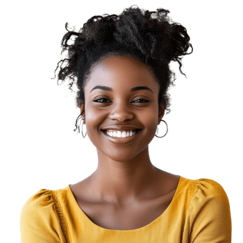 Joyful expression of a black woman with curly hair in a yellow top, smiling brightly against a neutral background, portrait of a black woman happy female isolated on transparent background png