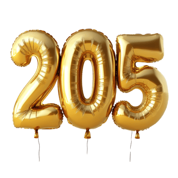 Festive gold balloons displaying the number 205 for New Year celebration decoration, 3D Gold Balloons Shaped as 2025 for New Year Celebration on transparent background png