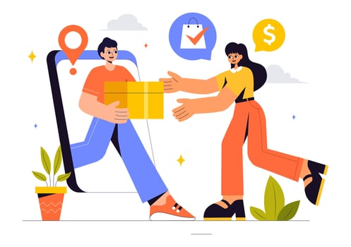 Digital Shopping Illustration Featuring Mobile Phone Users with Sale Tags and Fast Delivery Options vector