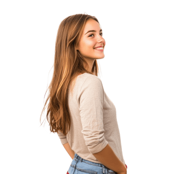Smiling young woman standing, womens day side view isolate on transparent background png