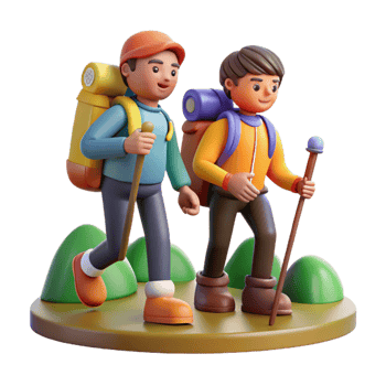 3D icon of friends hiking with backpacks on a trail. png