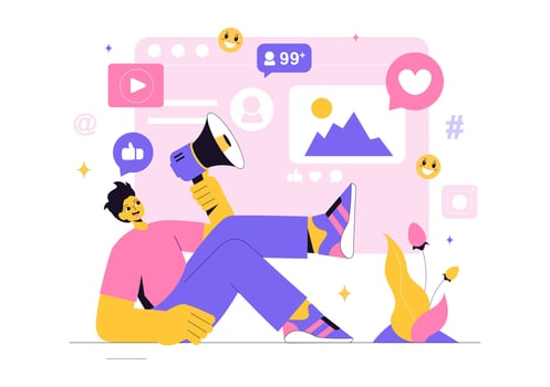 Creative Social Media Marketing Strategy Illustrated with a Digital Expert Growing Online Metrics vector