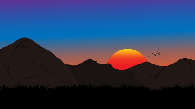 A striking silhouette of mountains against a vibrant sunset vector