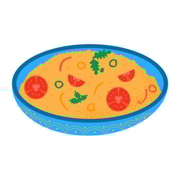 Couscous with tomatoes and pepper. Traditional Middle Eastern vegetarian food. Hand drawn illustration. vector