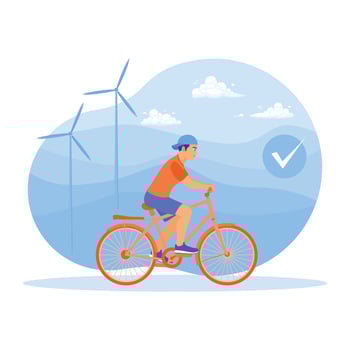 A man cycling in a green energy area with wind turbines. vector